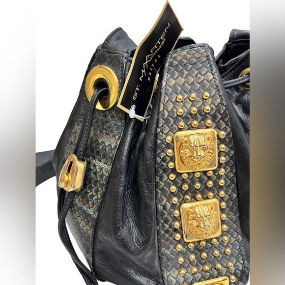 ST. MAARTEN Dallas 90s/Y2K Black/Multi Color Snake Embossed Leather Bucket Bag - Picture 11 of 13